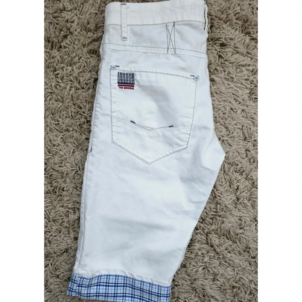 John Richmond White Women's Bermuda Shorts with Blue Plaid Cuffs